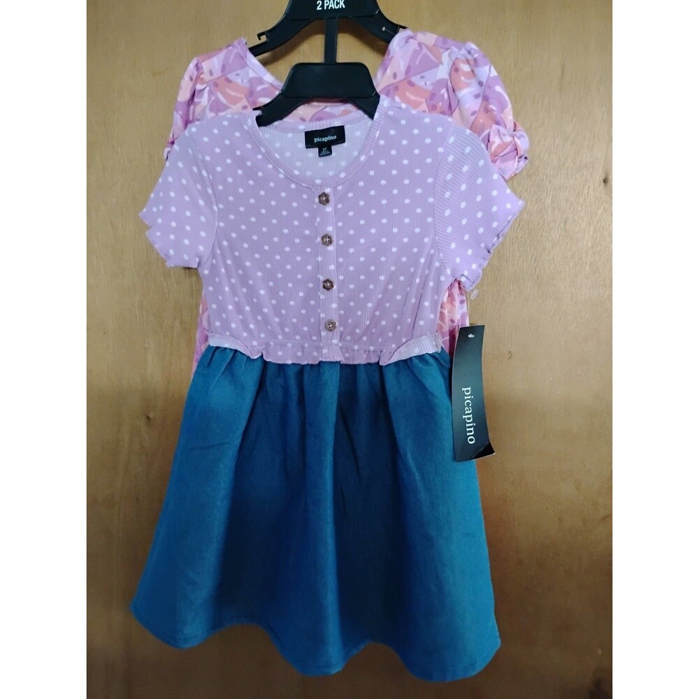 Picapino Girls 2 Piece Dress Set Purple Polka Dot Pink Floral Boho Hippie Sz 3T